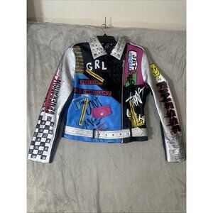 Red Fox Women’s Medium Graffiti Moto Jacket Studded Punk Multicolor Zip Belted